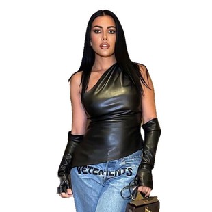2024 Autumn Irregular Slim Spice Girl Elegant Niche Sleeveless Slant Collar PU Leather Vest with Sleeve Jacket for Women