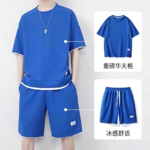 Waffle Summer Round Neck T-Shirt Shorts Two-Piece Set Men's suit Comfortable Thin Fake Two-Piece Short-Sleeved suit for Men