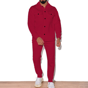 23 Cross-border plus size Fashion suit Foreign Trade Trend Men's Autumn Button Suede Casual Jacket Pants 2-piece Set