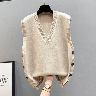Stacked Vest Knitted Vest Women's Sweater 2024 Spring and Autumn New Waistcoat Loose V-Neck Autumn and Winter Vest