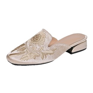 Baotou Half Slippers Women's Summer Mid-Heel Outwear Chinese Style Guofeng Embroidered Women's Shoes Lazy Mueller Shoes Thick Heel Fashion Sandals