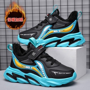Boys' Shoes 2024 New Winter Cotton Thickened Velcro Leather Waterproof Non-slip Wear-resistant Student sneaker