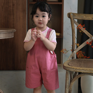 Baby pink suspender pants rabbit tail ball cute 2024 Summer new men and women baby cotton pants