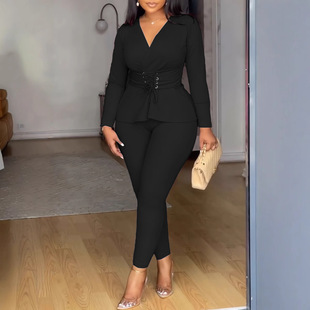 S10913 European and American solid color V-neck waist stretch long sleeve pants set