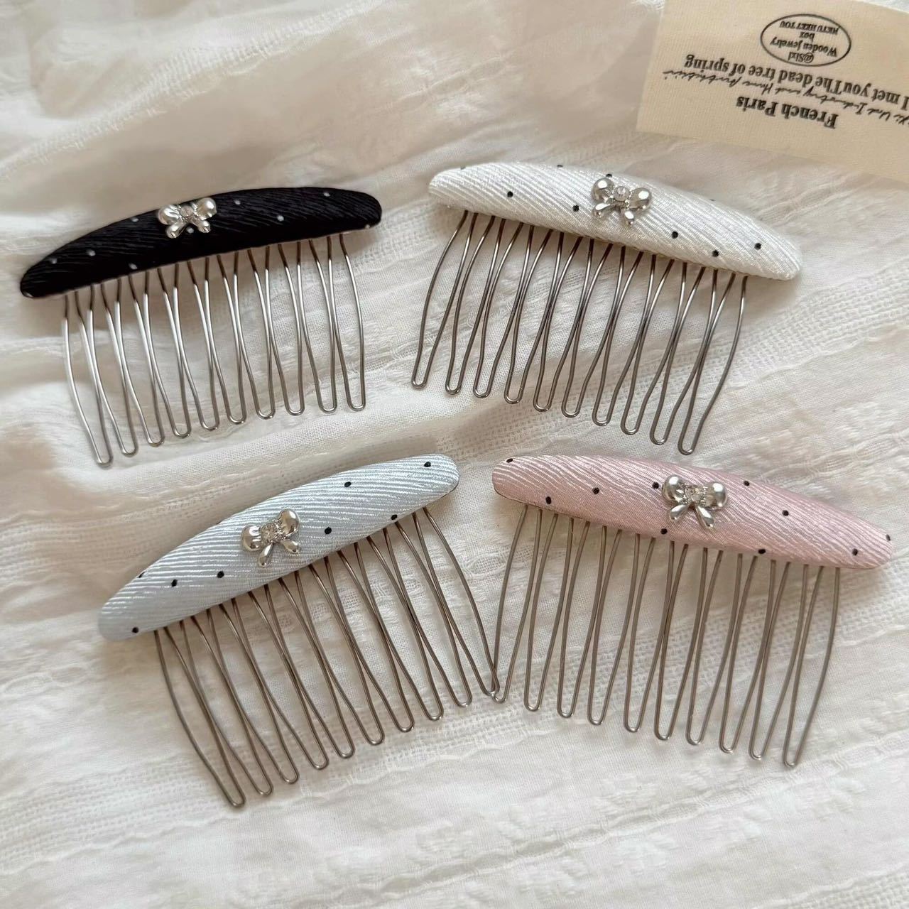 Exquisite Bowknot Oval Polka Dot Hair Comb Korean Style Delicate Hairpin Silver Bow Tie Non-Slip Insert Comb Hair Accessory for Women