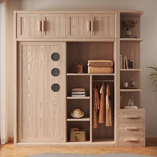Nordic Style Ash Wood sliding door Wardrobe Simple Household Bedroom Solid Wood Cabinet Small Apartment Top Cabinet Wardrobe Log