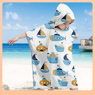 ⇕ Ocean Style Children's Beach Hooded Cloak Beach Changing Towel Swimming Wearable Printed Special Bath Towel Bathrobe