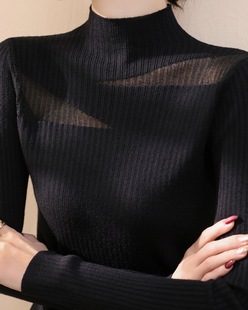 Half-high Collar Angora Red Knitted Sweater Women's Clothing 2025 Spring and Autumn New French Base Lace Mesh Top