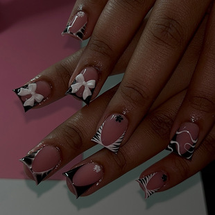 Cross-border hot-selling wearing nail short square zebra pattern French side autumn new nail art detachable nail art wholesale