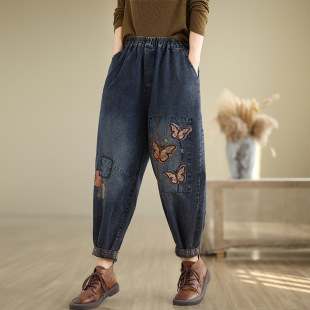 2024 Autumn and Winter New Artistic plus size Fashion Butterfly Embroidered Jeans Loose Casual Ankle-length Pants for Women
