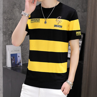 Source Manufacturer Striped Knitted Short-sleeved T-shirt Men's Fashionable Summer Ice-sensitive T-shirt Half-sleeved Ice Silk Top Fashionable T-shirt Thin