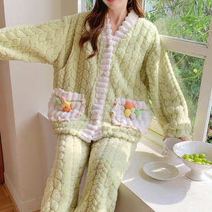 2023 autumn and winter coral fleece confinement clothing postpartum 11 months nursing plus size pregnant women fleece-lined thickened pajamas 12