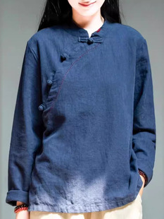Simple Style Ancient Collar Cotton-linen Long-sleeved Top Spring and Autumn Cotton-linen Women's New Chinese-style Buckle Pullover T-shirt