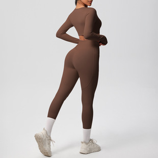 in stock Cross-border Solid Color Double-sided Sanding Breathable High Elastic Tight-fit Yoga Suit suit Sports Running Fitness Two-piece Set