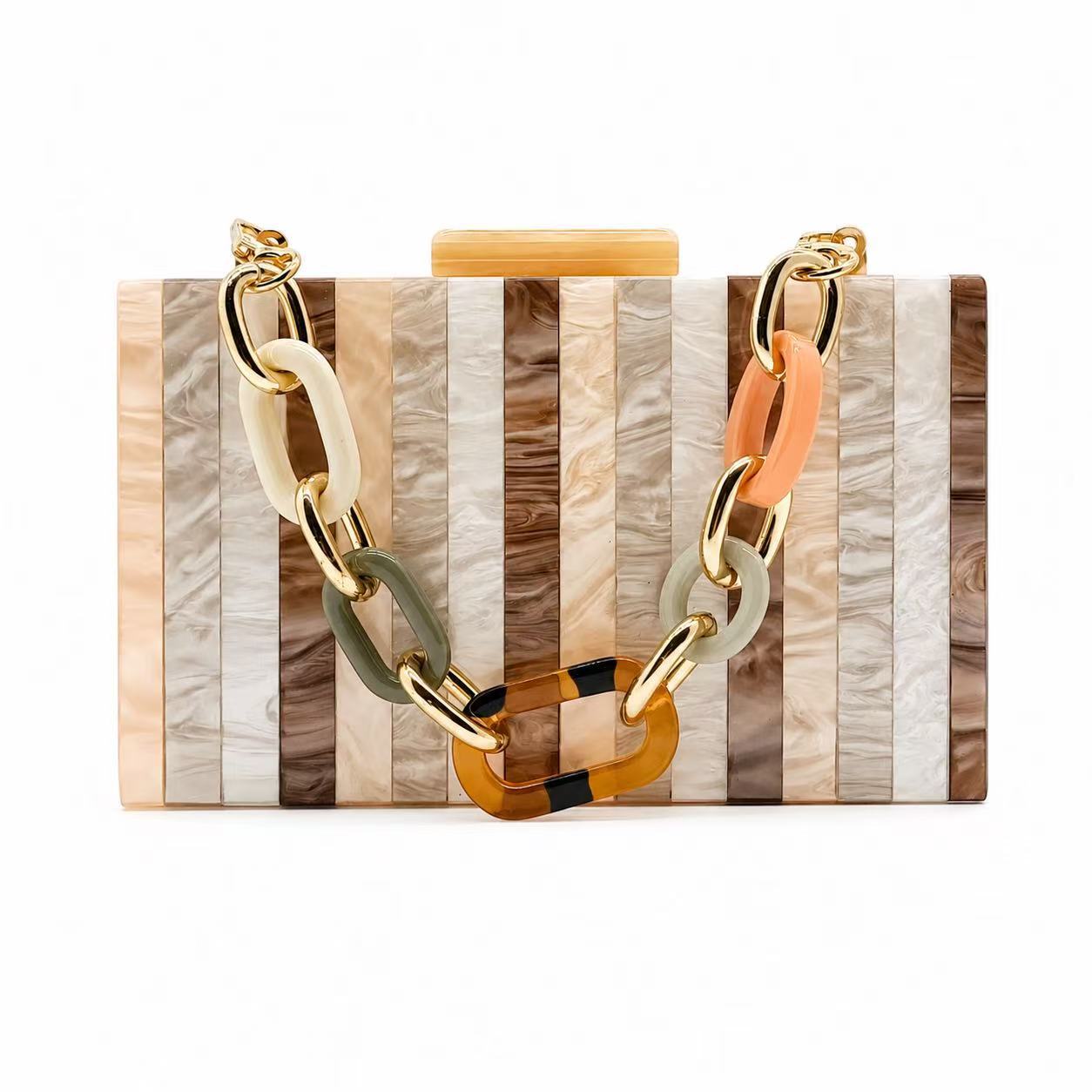 2023 Cross-border Trade Bag - Striped Champagne Color Patchwork Acrylic Evening Bag, Shoulder Bag, Crossbody Bag, Small Handbag