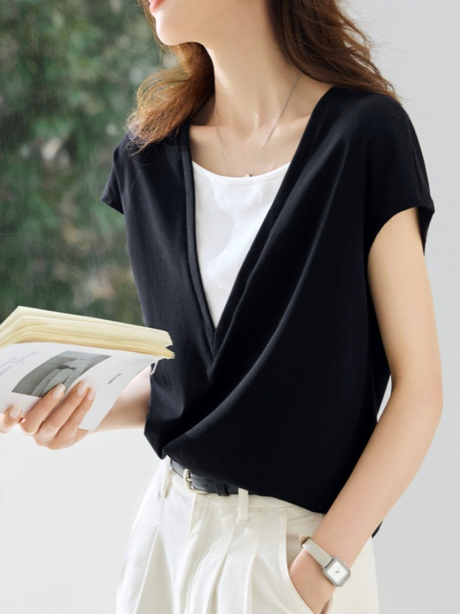 Fashionable Contrast Color Fake Two-Piece Stacked T-Shirt 2025 Summer New Summer Cool Casual Simple V-Neck Short-Sleeved Top