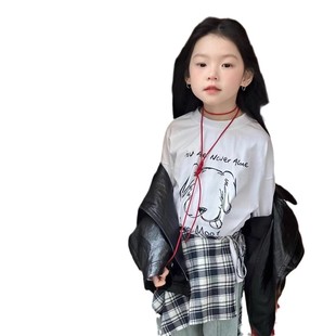 Children's Maillard Retro T-shirt 25 Spring Dress Small and Medium-sized Girls Korean Handsome Motorcycle European and American Style Stitching Denim