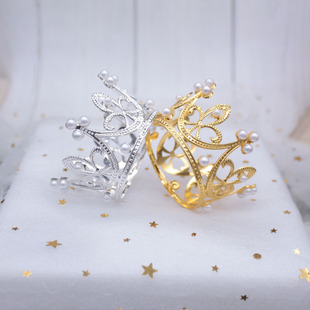 Alloy Pearl hollow round Crown mini children's birthday hair accessories bride headdress cake decoration ornaments wholesale