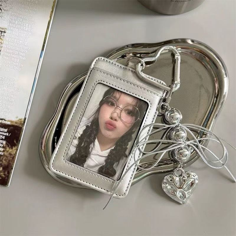 Ins Ribbon Heart Beaded Pendant Silver Leather Card Holder Small Card Star Idol Bag Hanging Id Protective Cover