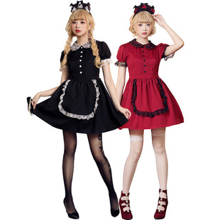 Halloween Costume Red Black Lace Slim Fit Evil Castle Maid cosplay Suit Send Bat Headwear