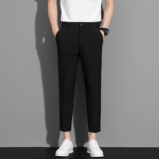 Cropped Straight Suit Pants Men's Summer Ice Silk High-grade Small Suit Pants Business Small Feet Drain Casual Long Pants Men's