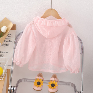 Girls' New 2024 Summer Sunscreen Clothing Internet Celebrity Children's Lightweight Hooded Jacket Baby's Cute Lace Top Trendy