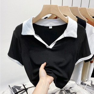 2023 New polo Collar T-Shirt Women's Short-sleeved Shoulder Short Top for Summer