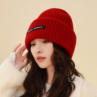 Red Wool Hat Women's Winter New Big Head Circumference Korean-style All-match High Elastic Thickened Knitted Hat Warm Cold Hat