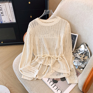 2025 Summer Thin Lazy Style Dagging Air Conditioner Outer Blouse Women's Round Neck Irregular Hollow Sweater Top