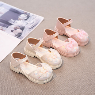 Girls' Closed-Toe Sandals, Summer Chinese Style Hanfu Shoes, Embroidered Children's Princess Shoes, Suitable for Older Girls and Little Girls, Single Leather Shoes