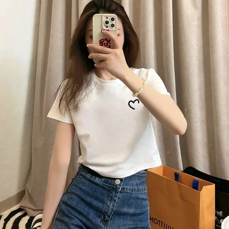 여름 코튼 새로운 패션 스파이스 소녀 짧은 셔츠 슬림 핏 배꼽 노출 된 탑 코튼 화이트 반팔 티셔츠 여성용