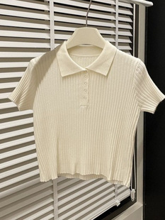 2024 Spice Girls Style Shoulder American Polo Neck Short Knitted Short Sleeve Women's Spring Slim Slim Top