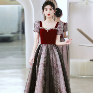 wine red Toast Dress Bride Hepburn Style French Engagement Dress Women's Light Luxury Niche Princess Dress Long Autumn and Winter
