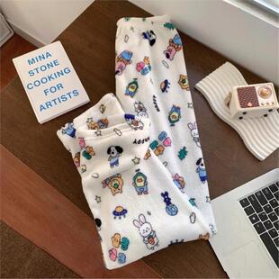 Walking God Pants Flannel Pajamas Can Wear Cartoon Coral Fleece Lazy Pajama Pants Women's Autumn and Winter Pants Home Pants