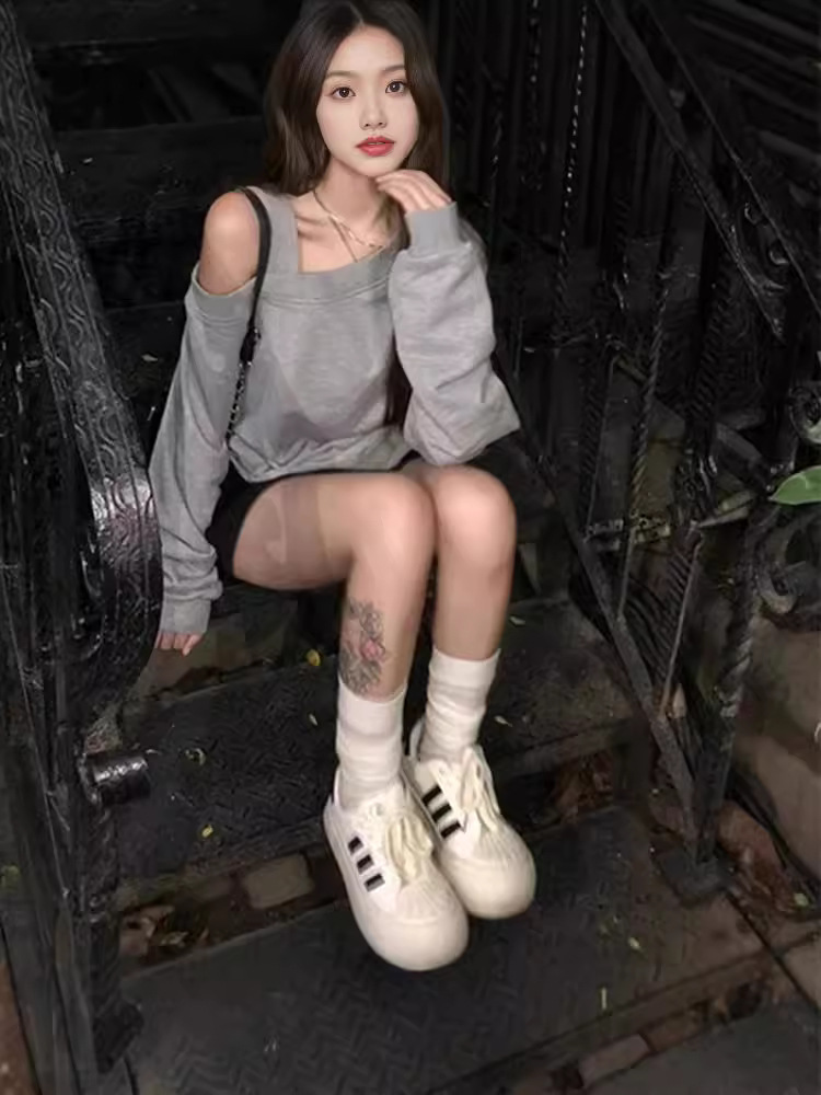 게으른 스타일 그레이 슬란 칼라 어깨 긴팔 스웨트 셔츠 여성용 봄과 가을 얇은 느슨한 슬리밍 캐주얼 올 매치 후드 프리 탑
