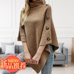 Amazon cross-border European and American foreign trade autumn and winter new shawl cape sweater solid color high collar sweater women's coat