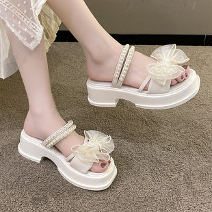 2024 Summer Design Sense Fashion Thick Bottom Ins Slippers Outer Wear Sandals Fairy Style Bow