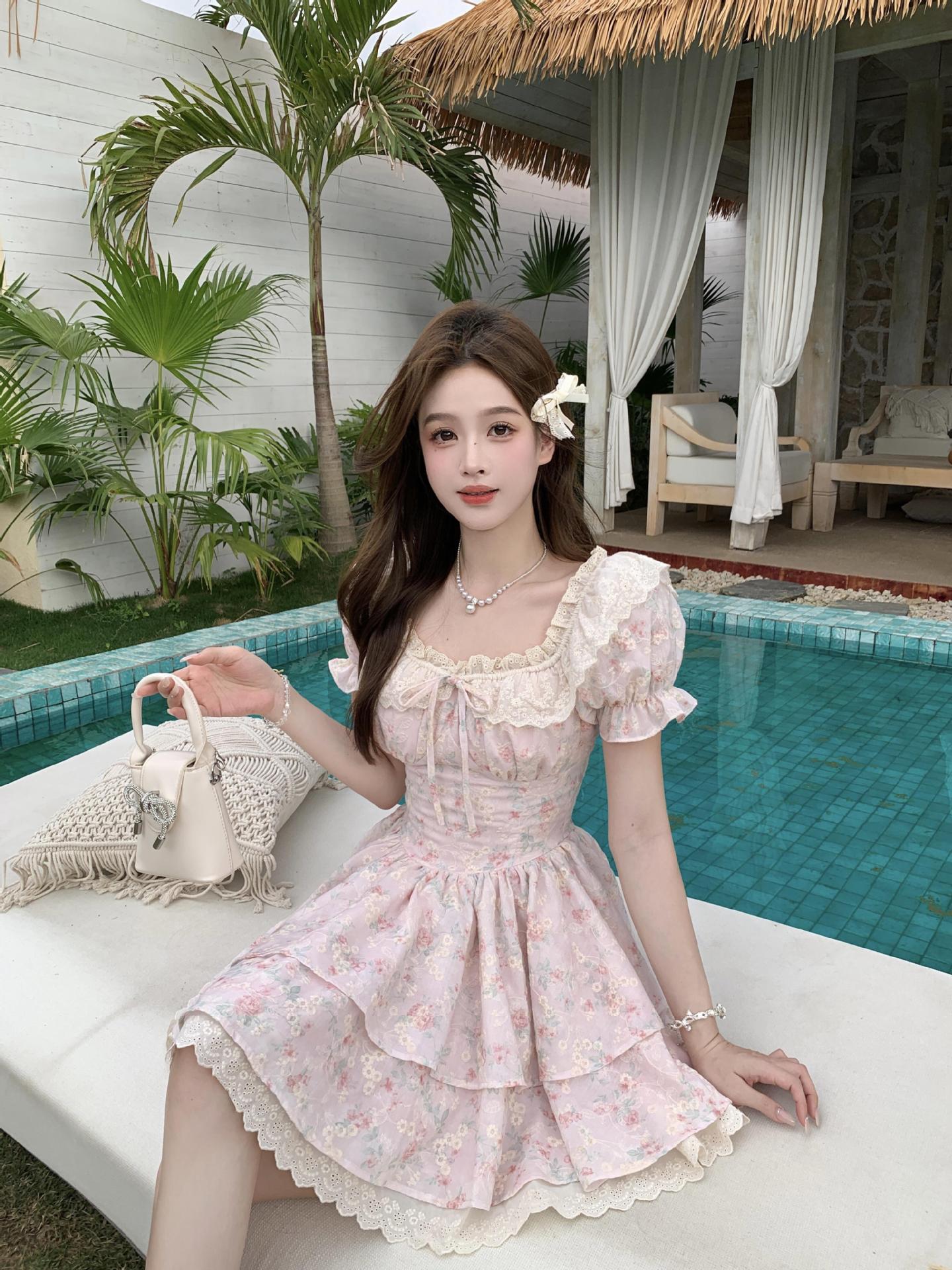2025 New plus size Pure Puff Sleeve Floral Summer Sweet High Waist Skinny Long/Short dress