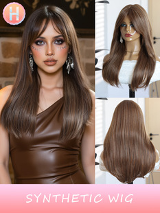 22inch Brown Long Straight Chemical Fiber Wig Rose Mesh Cap High Temperature Resistant Silk European and American Style Halloween Dress up for Women
