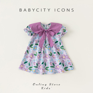 Summer New Children's Wear New 2023 Children's Dress Korean Style Girl's Bow Floral Dress Purple Western Style