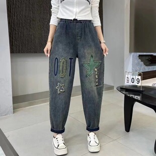 Real shot plus size art retro patch stretch jeans autumn new loose slim Harlan pants dad