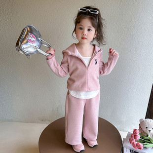 Girls' Fake Two-piece Hoodie suit 2025 New Style Embroidered Fake Two-piece Casual Sweater Wide-leg Pants Two-piece Set