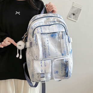 New Chinese Style National Style Transparent Schoolbag Women's Large Capacity Backpack Junior High School Girls Senior high school Students Leisure Computer Backpack