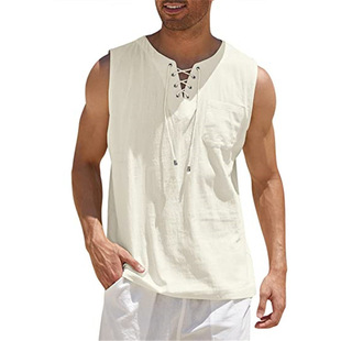 2024 Cross-border Amazon Hot Sale New Men's Vest Shirt Lace-up Fashion Solid Color Cotton and Linen Short-sleeved T-shirt