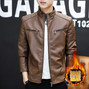 Men's Leather 2023 Spring and Autumn Collar Leather Jacket Cross-border Korean Style Slim-fit Trendy Motorcycle PU Leather Jacket Men's Wear