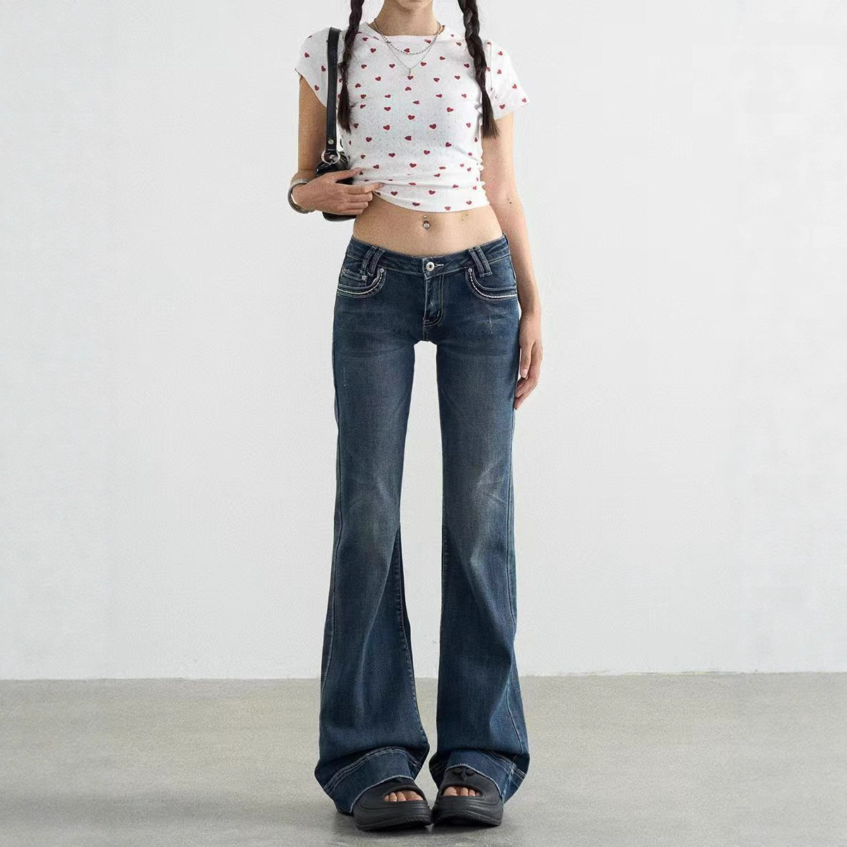2025 Summer New American-Style Women's Jeans, Vintage Washed Blue, Floor-Length, Trendy, Stretchy, Ultra-Low Waist, Slightly Flared Pants