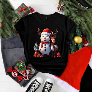 Christmas Snowman Elk Holiday Style Polyester Black T-shirt Top Short Sleeve