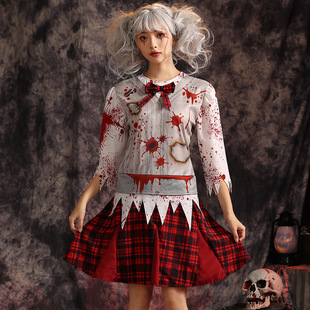 Halloween costume zombie blood student zombie cosplay costume performance costume red plaid student dress