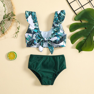 Girls' Green Leaf Printed Split Bikini Girls' suit Swimwear Girls' Sunscreen Fashion