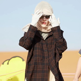 Plaid Washed Micro-pleated Old-fashioned Small Round Neck Large Profile Simple Retro Lazy Dolman Sleeve Shirt for Women Early Autumn